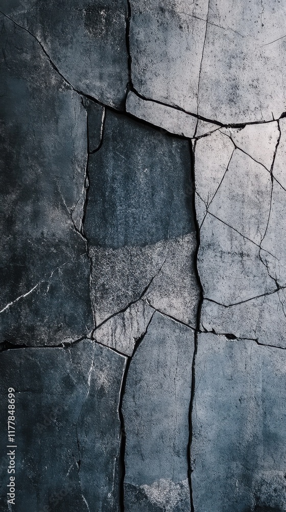 Poster Rugged concrete surface showcasing deep charcoal tones with visible cracks and texture variations in an urban setting