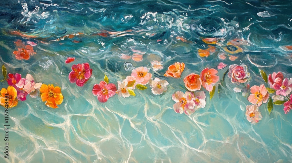 Poster radiant flower garlands floating gracefully on crystal-clear water creating a vibrant display of nat