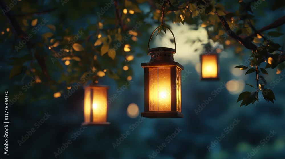 Poster hanging lanterns illuminate a tranquil evening under the branches in a peaceful garden setting