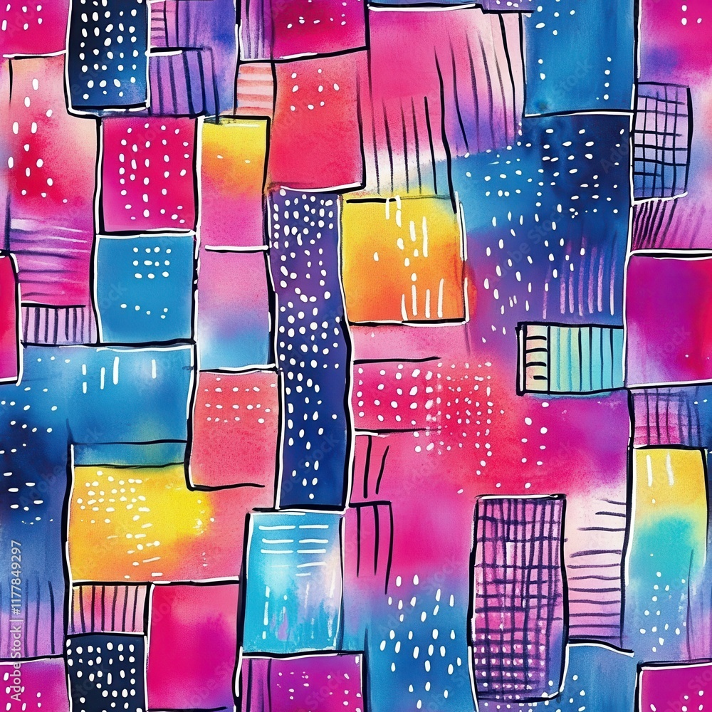 Aufkleber Playful watercolor doodles featuring vibrant blocks in various colors creating a joyful and colorful composition