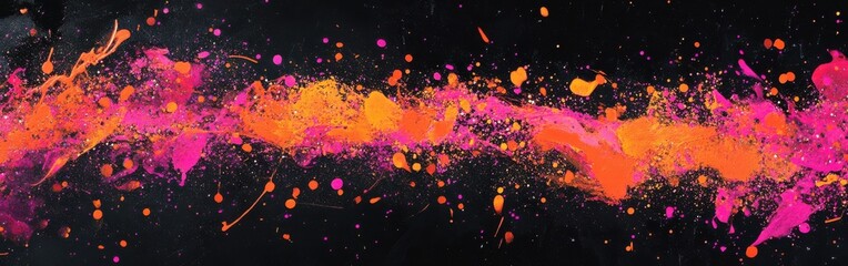 Bright neon orange and pink paint splatters on a dark background for creative artistic expression