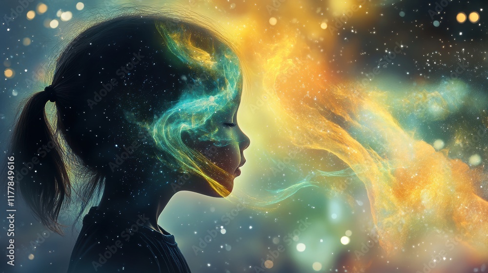 Poster mystical visualization of a child's silhouette surrounded by colorful cosmic elements and glowing st