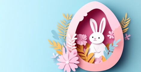 Beautiful multi-layered Easter paper cut composition featuring a cheerful bunny in an egg surrounded by colorful flowers and leaves