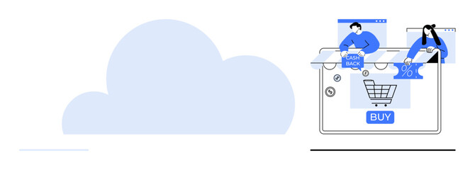 People interacting online, browsing discounts and cashback offers on a laptop screen featuring a shopping cart icon and a Buy button. Ideal for e-commerce, digital marketing, retail, consumer