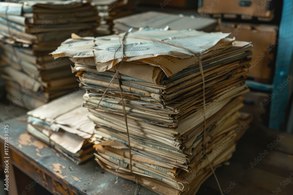 Aufkleber stacks of old papers tied with string are gathering dust in an archive