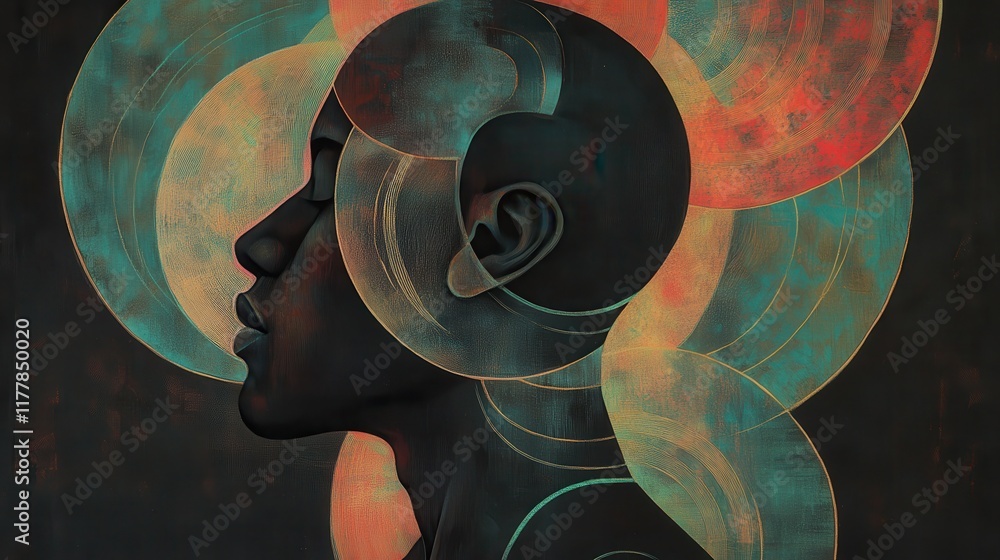 Aufkleber Mystical portrait of a man's profile enriched with colors and abstract patterns evoking depth and emotion