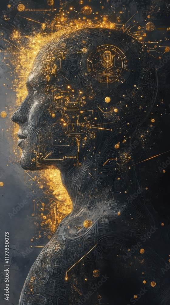 Leinwandbilder mystical profile of a man infused with golden energy and intricate patterns in a dark, abstract back