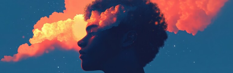 Mystical profile of a man filled with clouds and stars against a vibrant blue background