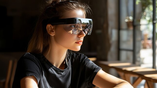Young woman wearing augmented reality glasses indoors. She appears contemplative and is lit by natural light from a window behind her.