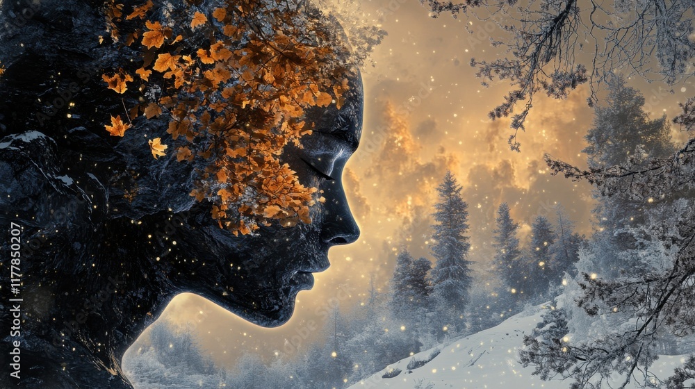 Poster mystical profile of a man filled with autumn leaves in a snow-covered forest at dusk