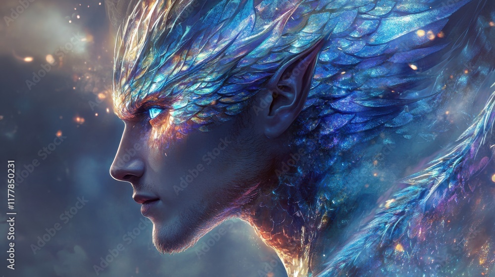 Poster mystical profile of a man with enchanting features, showcasing vibrant colors and ethereal elements 