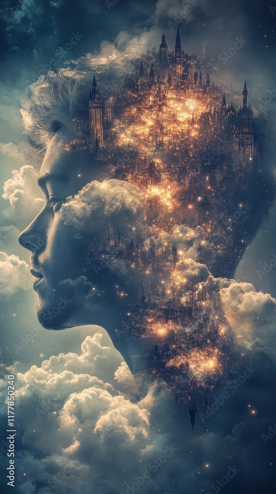 Poster Mystical profile of a man filled with floating clouds and celestial cityscape during twilight