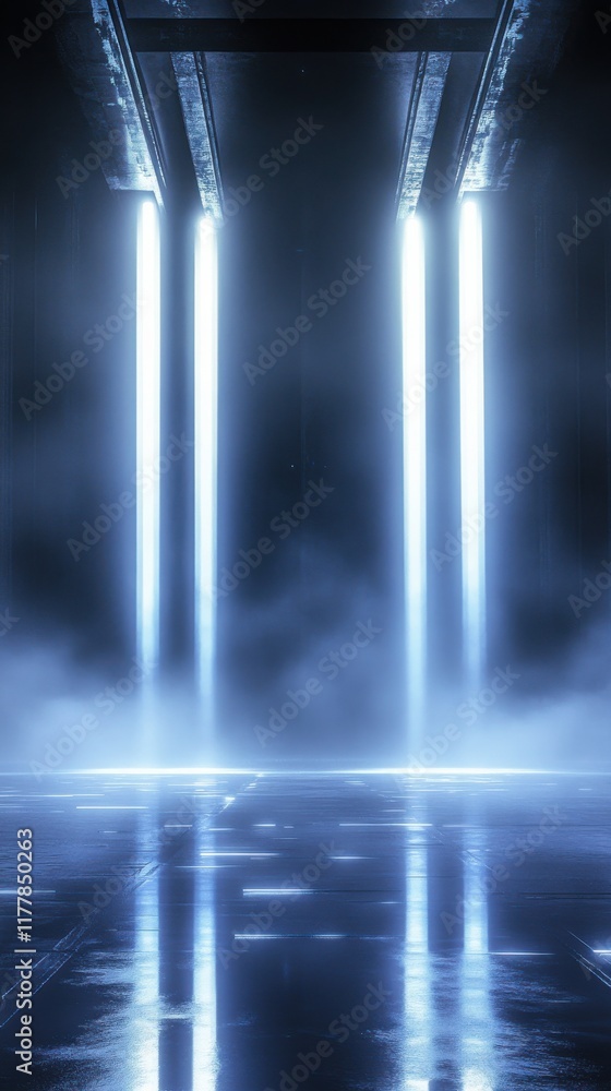 Poster Moody navy and silver backdrop illuminated with glowing beams and mist creating an ethereal atmosphere in a dark setting