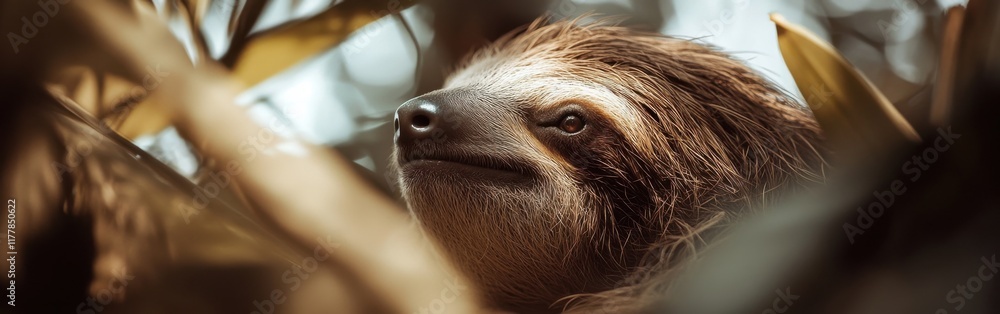 Poster unique close-up of a sloth's face highlighting its gentle expression in its natural habitat during d