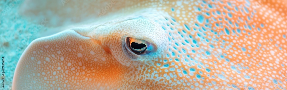 Poster Close-up view of a stingray showcasing intricate textures and colors in its facial features under the ocean light