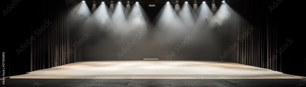 Poster a dimly lit stage with multiple spotlights, showcasing an empty performance space ready for a show.