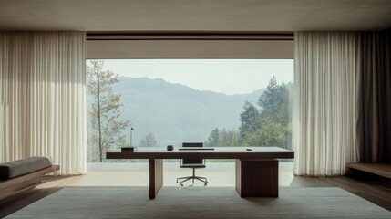 Home office with a breathtaking mountain view and minimalist decor designed for productivity and inspiration