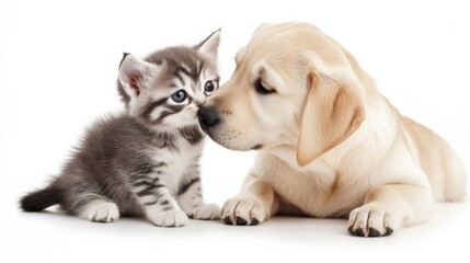 Obraz premium Fluffy kitten and puppy share a heartwarming moment of friendship in a cozy setting