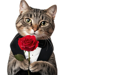 Adorable Cat Dressed in Tuxedo Holding a Red Rose, Perfect for Romantic Occasions, Celebrations, or Humorous Pet Photography Down to the Last Detail