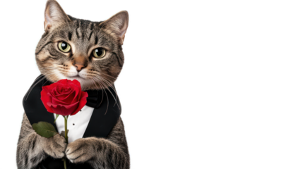 Adorable Cat Dressed in Tuxedo Holding a Red Rose, Perfect for Romantic Occasions, Celebrations, or Humorous Pet Photography Down to the Last Detail