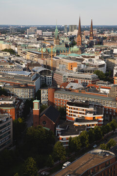 Aerial View of Hamburg's Historic Center with Churches and Ratha