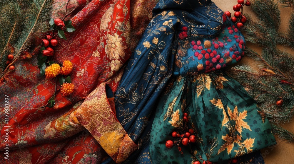 Poster glowing display of patterned textiles with vibrant colors and natural embellishments showcasing arti