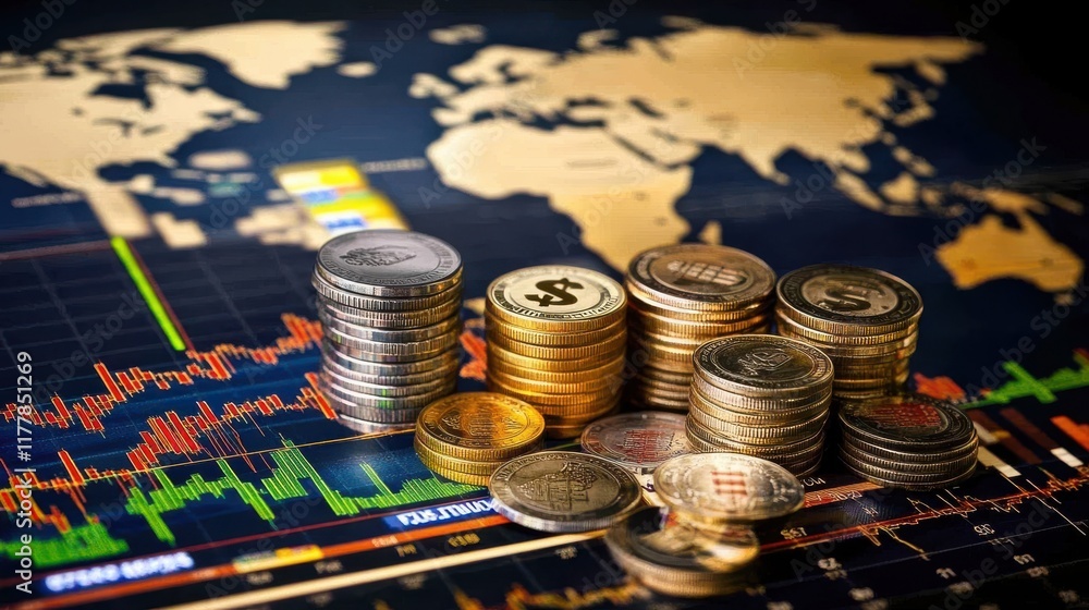 Poster global forex trading insights with currency stacks and market trends displayed on a world map backgr