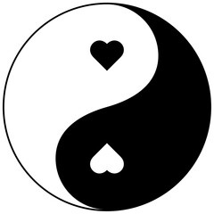 Yin and Yang symbol with hearts representing balance and love. Black and white color simple flat style design.