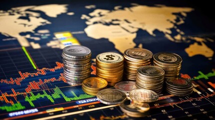 Global Forex trading insights with currency stacks and market trends displayed on a world map background