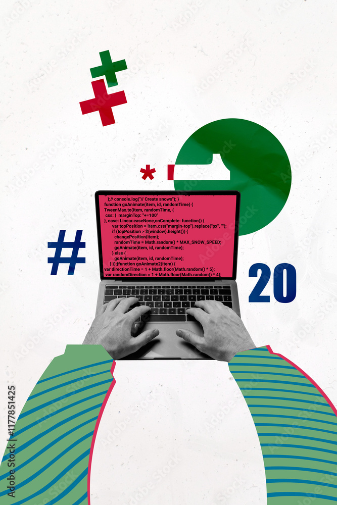 Poster vertical sketch 3d artwork collage poster of freelancer hands type remote laptop digital code hackin