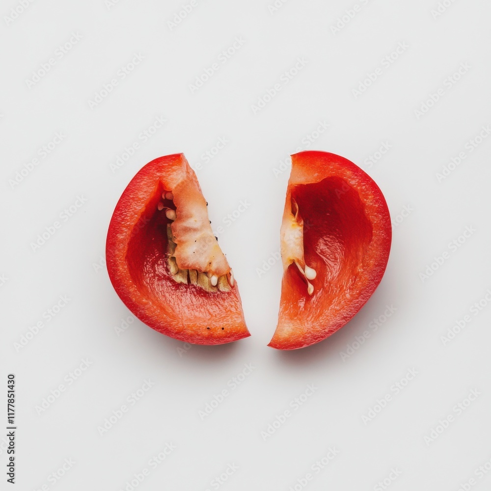 Poster freshly sliced red bell pepper resting in a clean kitchen setting, showcasing vibrant color and text