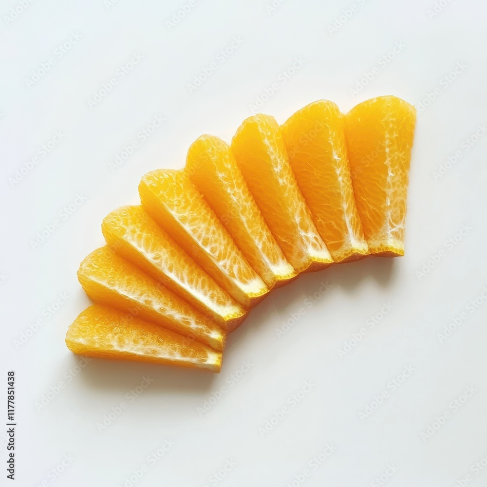 Poster fresh orange wedges arranged neatly on a light surface, showcasing vibrant color and juicy texture