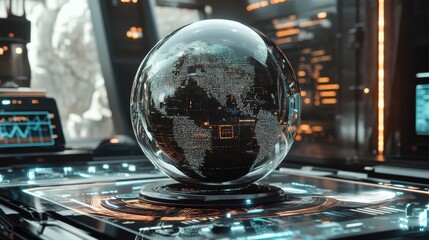 Futuristic currency design featuring a holographic globe and digital interfaces in a high-tech setting