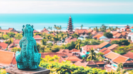 Bali temple town view, ocean background, peaceful.
