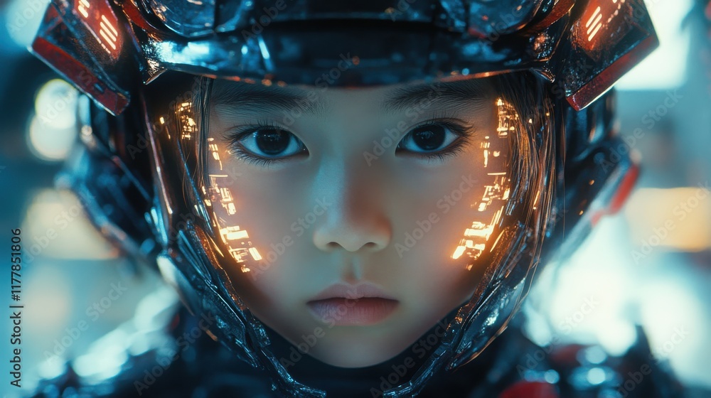 Fototapete Dynamic expression of a child's face in a futuristic setting with vibrant technology elements