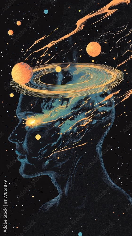 Poster dynamic profile of a man with cosmic imagery and planetary elements illustrating deep thought and im