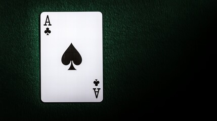 Close-up of an ace of spades playing card on a dark green surface.