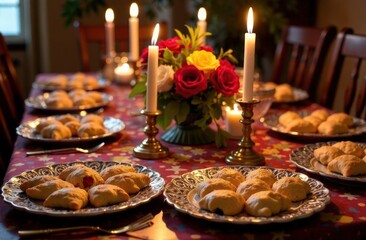Naklejka premium A serene Purim family dinner table with homemade hamantaschen cookies on decorative plates, colorful masks, and graggers as centerpieces