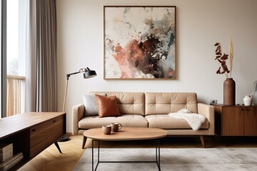 Stylish and cozy living room with beige sofa, abstract painting, wooden furniture, and decorative accessories, creating a warm and inviting atmosphere