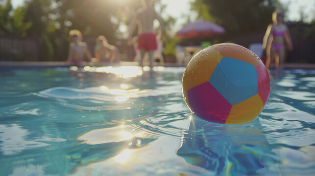 Closeup of a colorful ball floating in an idyllic swimming pool with defocused family cookout in background pool toy family vacation weekend pool party rainbow soccer ball	