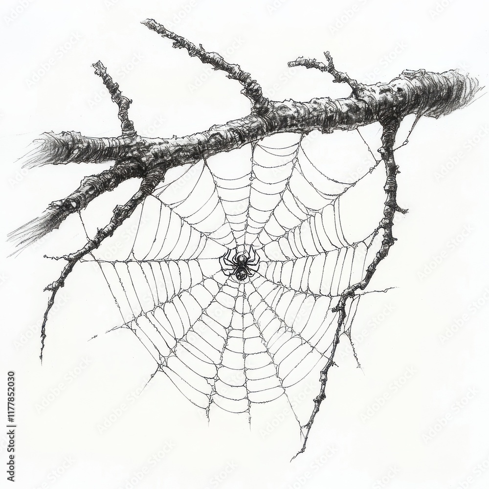 Aufkleber detailed spiderweb glistening in the morning light between tree branches in a tranquil forest settin