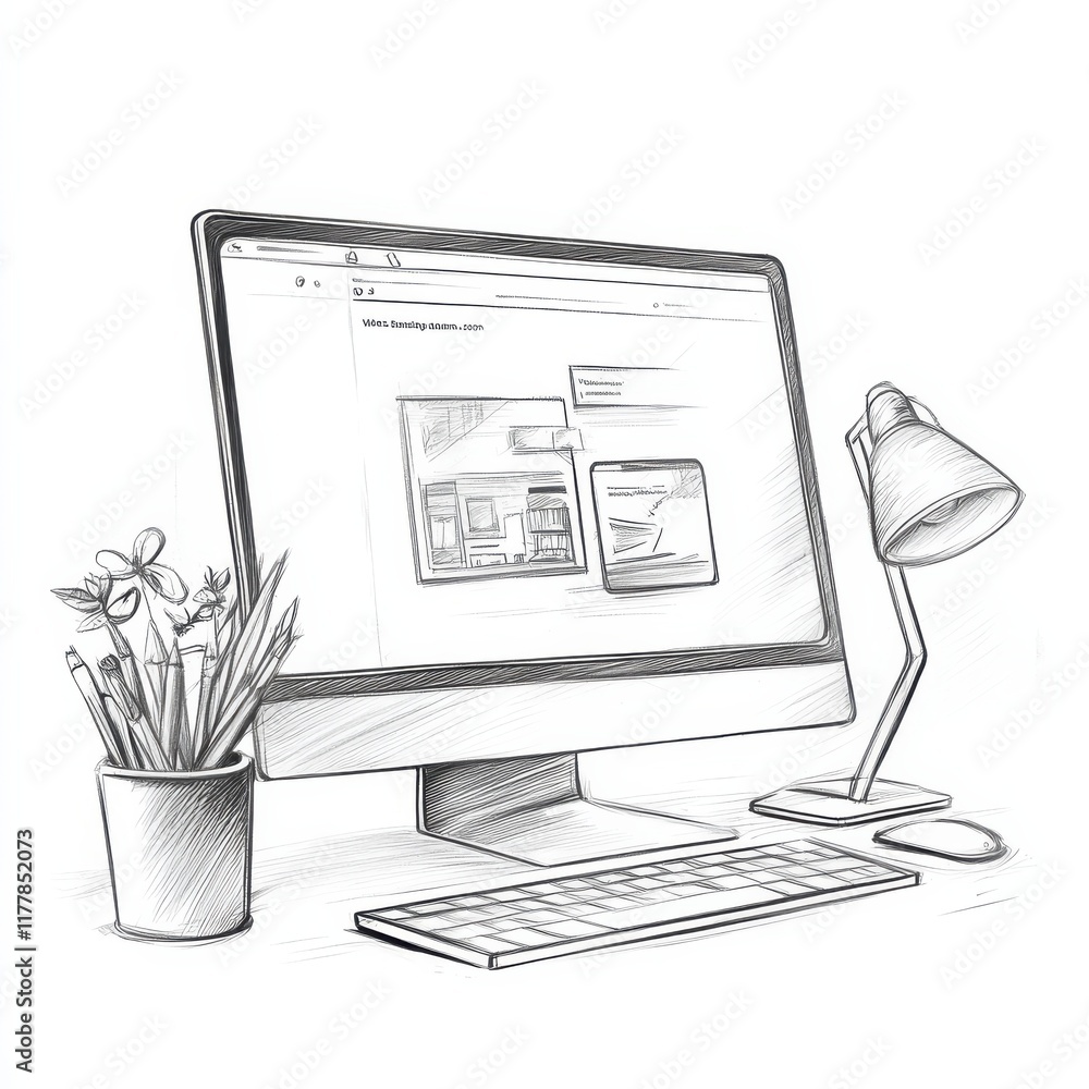 Poster desktop computer showcasing a business website with a workspace setup featuring a plant and a lamp