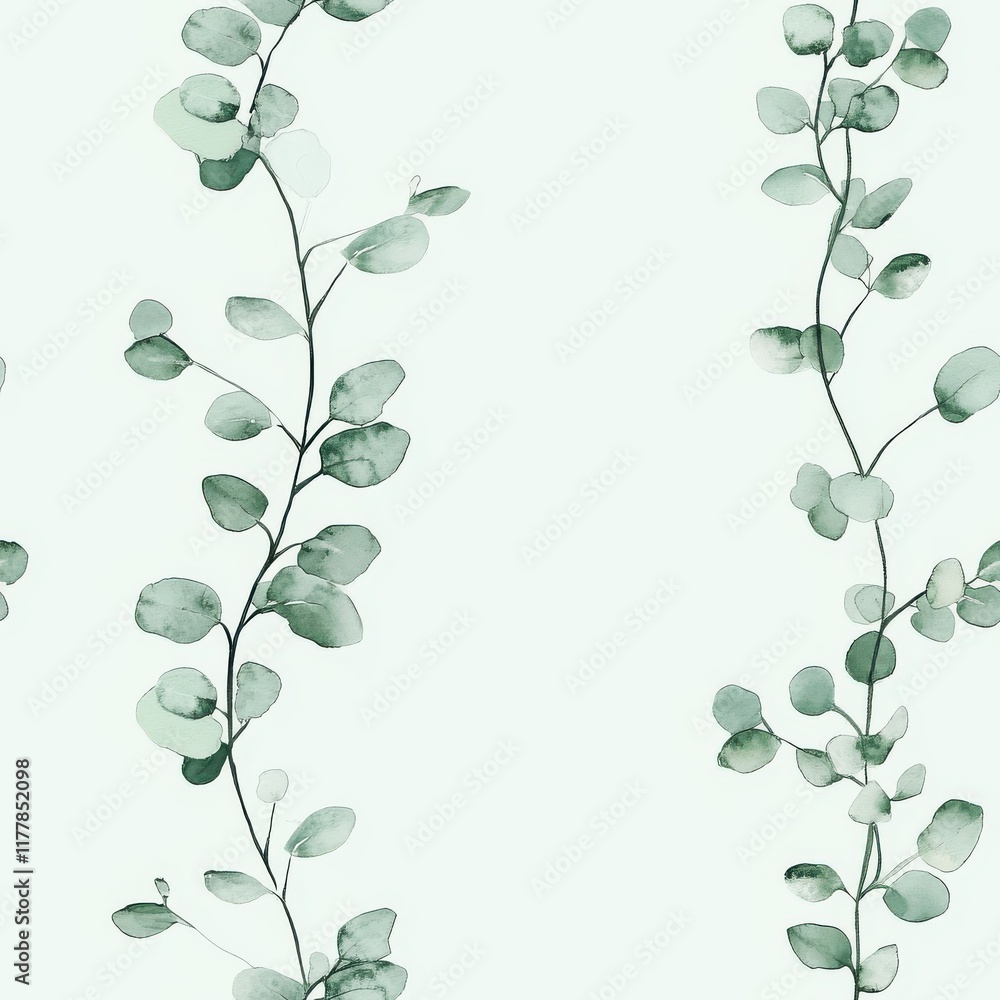 Poster delicate watercolor doodle of green leaves creating a serene botanical pattern on a light background