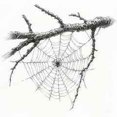 Obraz premium Detailed spiderweb glistening in the morning light between tree branches in a tranquil forest setting