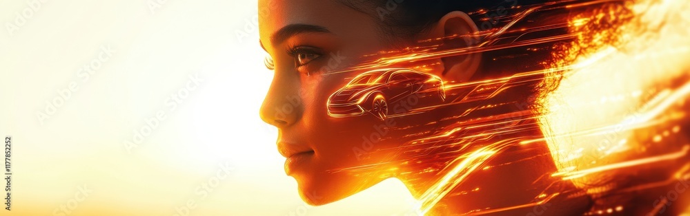 Aufkleber conceptual depiction of a woman's face illuminated by radiant light showcasing dynamic movement and 