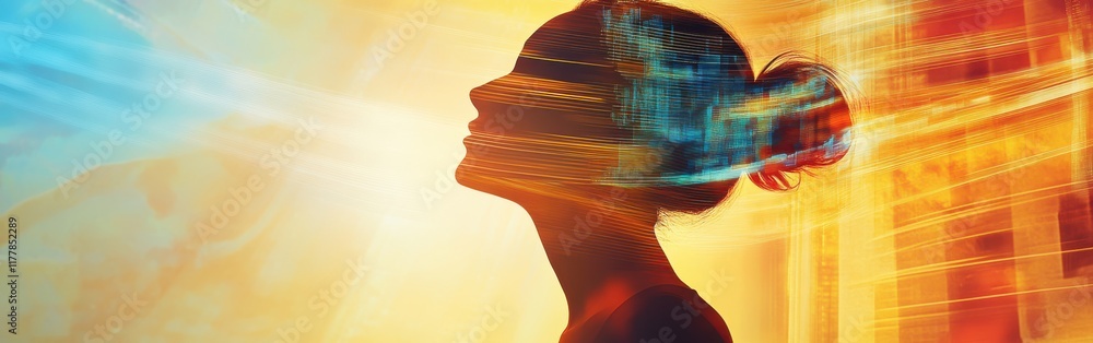 Poster woman radiating energy in a vibrant glow surrounded by abstract light patterns in a serene atmospher