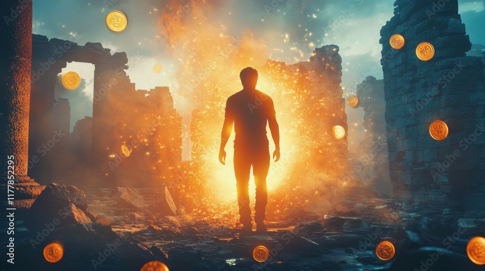 Poster man stands in ancient ruins surrounded by a glowing aura and floating coins, embodying a mystical ex