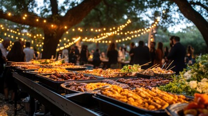 Corporate barbecue event features a vibrant buffet under string lights in a natural outdoor setting