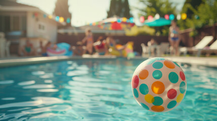 Closeup of a colorful ball floating in an idyllic swimming pool with defocused family cookout in background pool toy family vacation weekend pool party rainbow soccer ball
