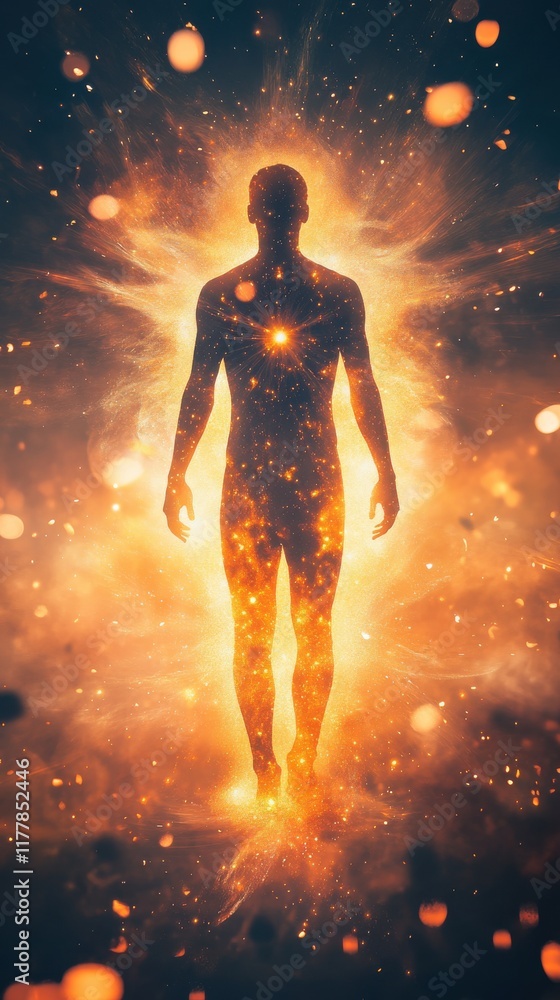 Aufkleber man emanating a radiant glow against a cosmic backdrop filled with particles and light effects